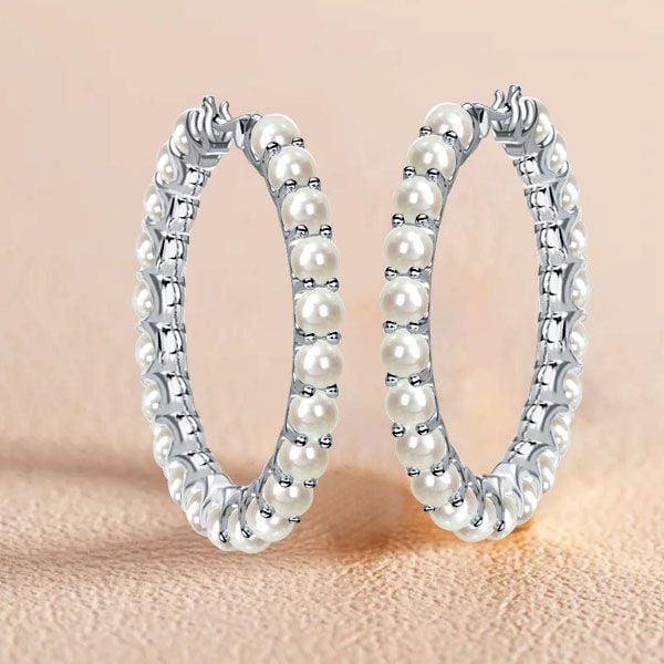 Sterling Silver Pearl Hoop Earrings with Secure Lach Backing