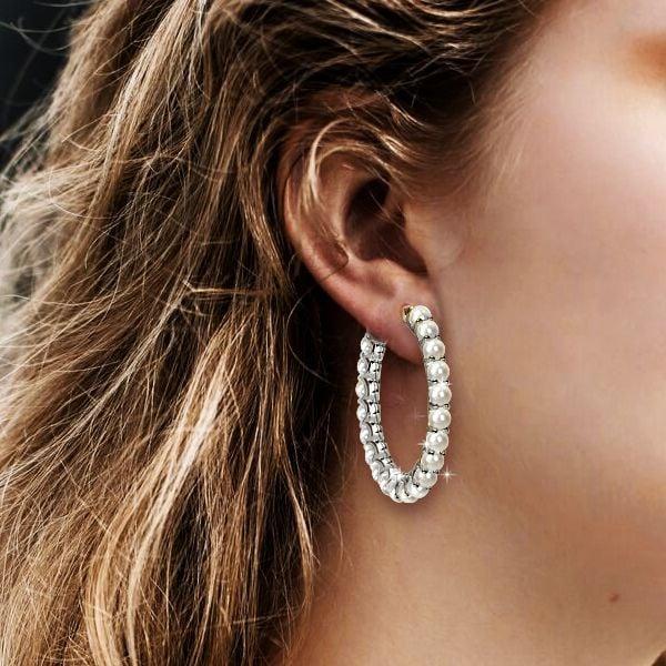 Sterling Silver Pearl Hoop Earrings with Secure Lach Backing