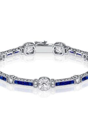 Milgrain Cushion White & Blue Sapphire Sterling Silver Tennis Bracelet for Women