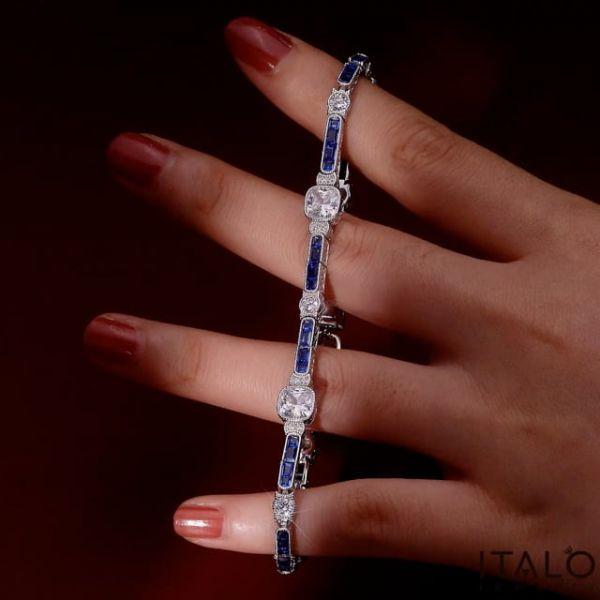 Milgrain Cushion White & Blue Sapphire Sterling Silver Tennis Bracelet for Women