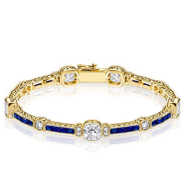 Milgrain Cushion White & Blue Sapphire Sterling Silver Tennis Bracelet for Women
