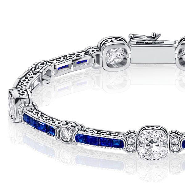 Milgrain Cushion White & Blue Sapphire Sterling Silver Tennis Bracelet for Women
