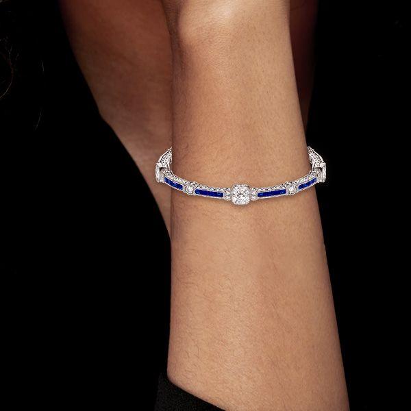 Milgrain Cushion White & Blue Sapphire Sterling Silver Tennis Bracelet for Women
