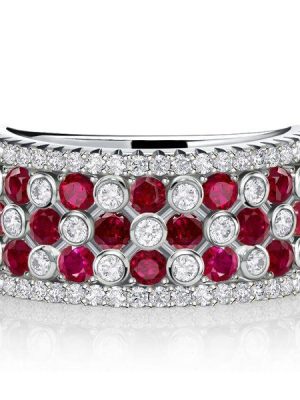 Ruby & White Stone Wedding Band - 925 Sterling Silver Half Eternity Ring