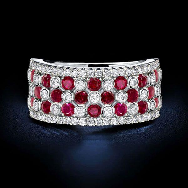 Ruby & White Stone Wedding Band - 925 Sterling Silver Half Eternity Ring