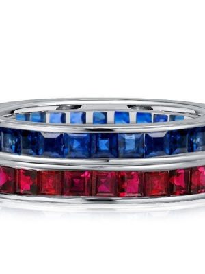 Vintage Asscher Cut Blue Sapphire and Ruby Eternity Band in Sterling Silver