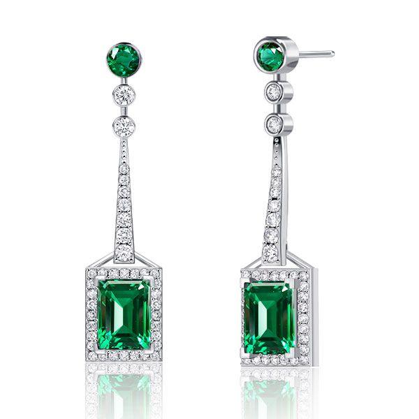 Emerald Cut Rectangle Drop Earrings Sterling Silver - Rhodium Plated