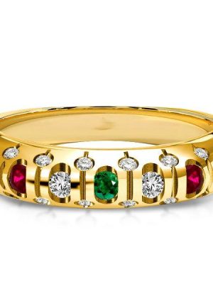 Vintage Inspired Ruby & Emerald Wedding Band - 18K Gold Plated Sterling Silver Ring