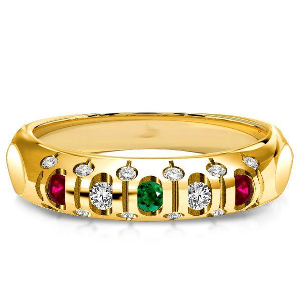 Vintage Inspired Ruby & Emerald Wedding Band - 18K Gold Plated Sterling Silver Ring