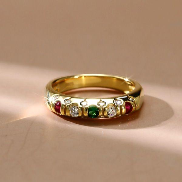 Vintage Inspired Ruby & Emerald Wedding Band - 18K Gold Plated Sterling Silver Ring