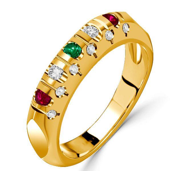Vintage Inspired Ruby & Emerald Wedding Band - 18K Gold Plated Sterling Silver Ring