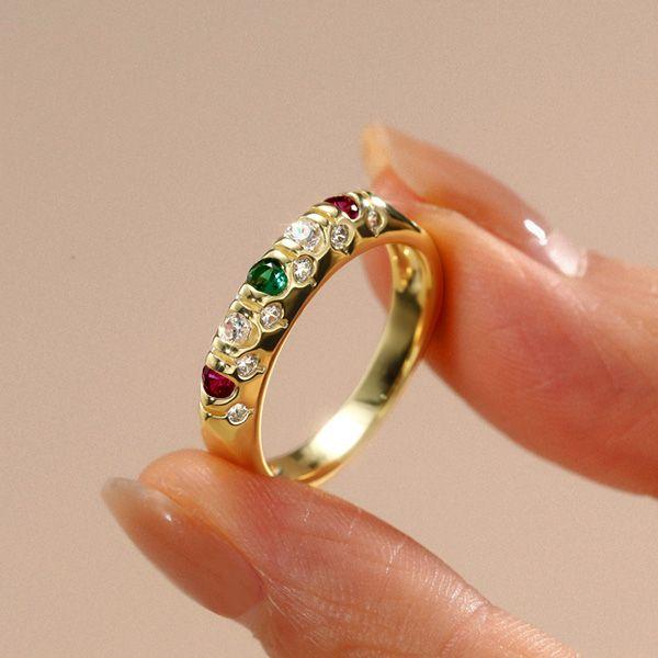 Vintage Inspired Ruby & Emerald Wedding Band - 18K Gold Plated Sterling Silver Ring