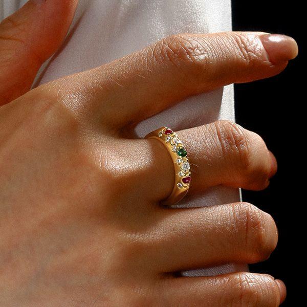 Vintage Inspired Ruby & Emerald Wedding Band - 18K Gold Plated Sterling Silver Ring