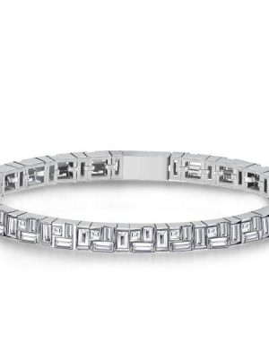 Stacked Design Baguette Tennis Bracelet for Women in Rhodium Plated Sterling Silver