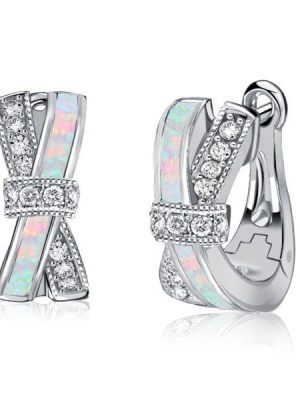 Sterling Silver Opal Knot Design Hoop Earrings with Rhodium Plating
