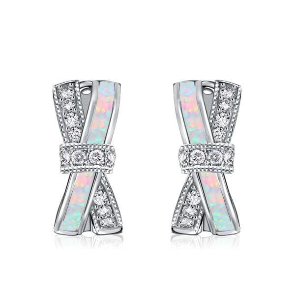 Sterling Silver Opal Knot Design Hoop Earrings with Rhodium Plating