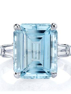 Emerald Cut Aquamarine Three Stone Engagement Ring in Sterling Silver