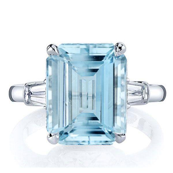 Emerald Cut Aquamarine Three Stone Engagement Ring in Sterling Silver