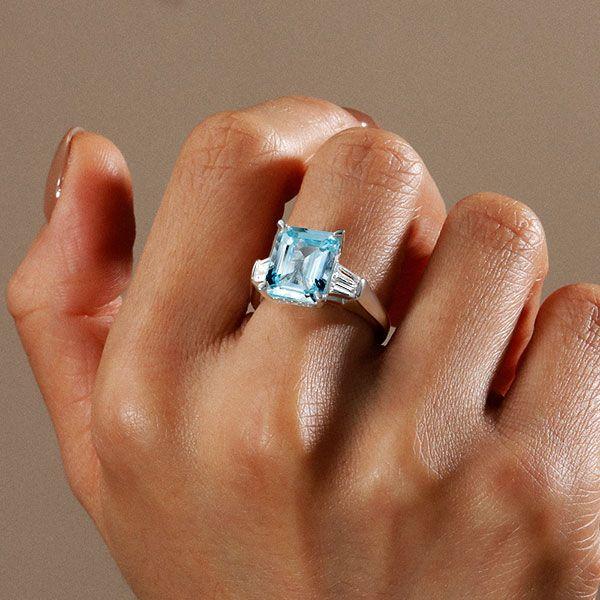 Emerald Cut Aquamarine Three Stone Engagement Ring in Sterling Silver