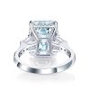 Emerald Cut Aquamarine Three Stone Engagement Ring in Sterling Silver