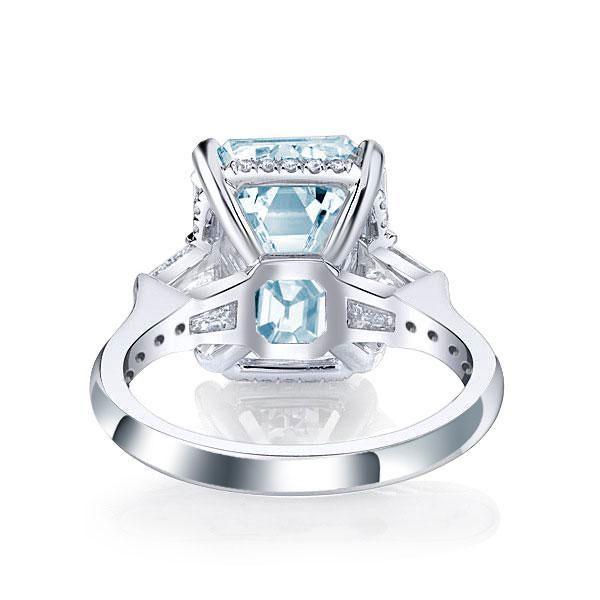 Emerald Cut Aquamarine Three Stone Engagement Ring in Sterling Silver