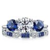 Three Stone Round Cut White & Blue Sapphire Bridal Set - Sterling Silver