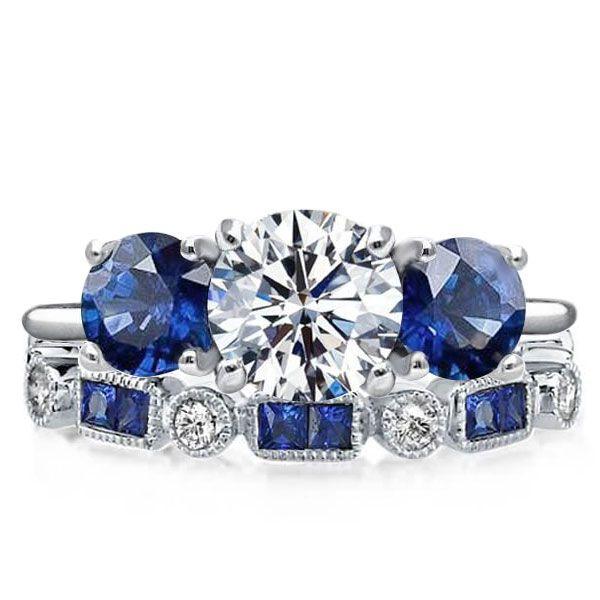 Three Stone Round Cut White & Blue Sapphire Bridal Set - Sterling Silver