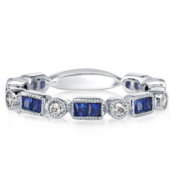 Three Stone Round Cut White & Blue Sapphire Bridal Set - Sterling Silver