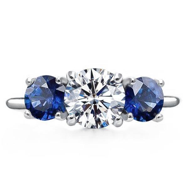 Three Stone Round Cut White & Blue Sapphire Bridal Set - Sterling Silver