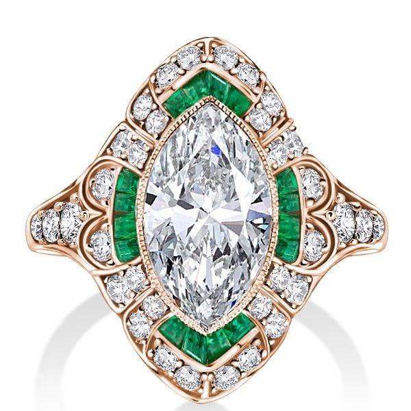 Art Deco Marquise Cut Milgrain Halo Engagement Ring in Sterling Silver