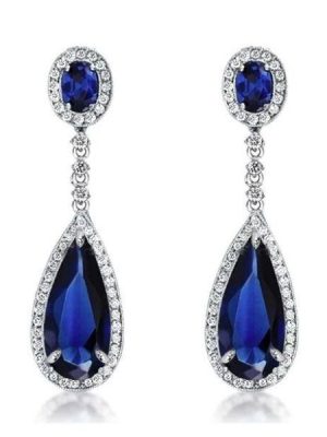 Pear Cut Created Sapphire Drop Earrings for Women - Silver Plated