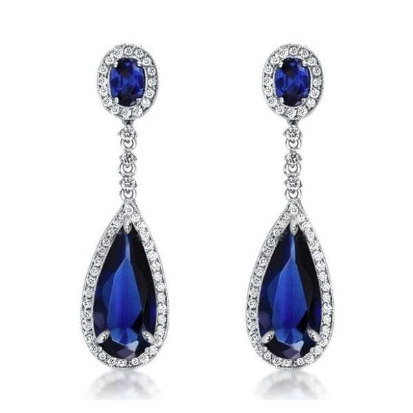 Pear Cut Created Sapphire Drop Earrings for Women - Silver Plated