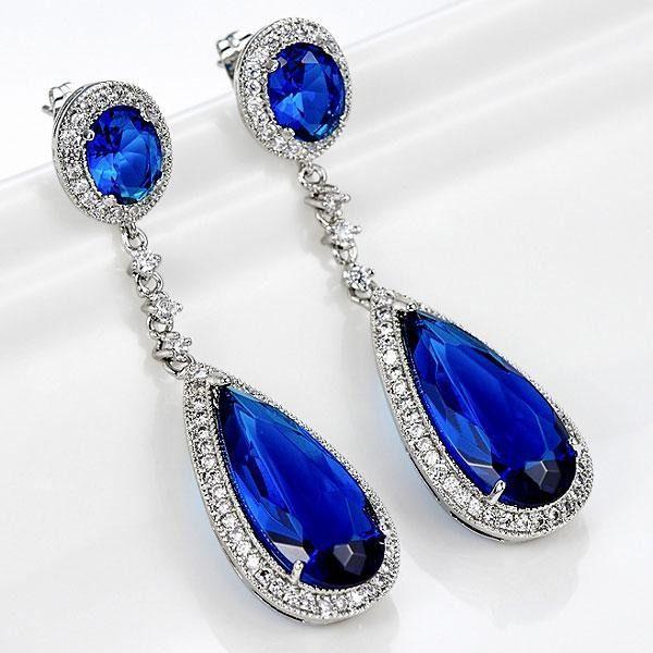 Pear Cut Created Sapphire Drop Earrings for Women - Silver Plated