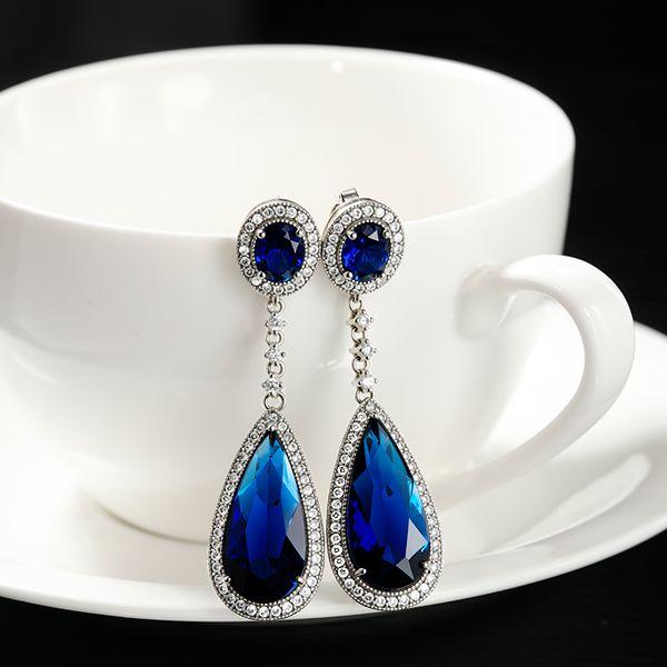 Pear Cut Created Sapphire Drop Earrings for Women - Silver Plated