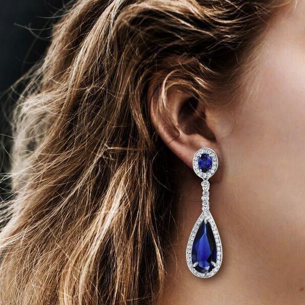 Pear Cut Created Sapphire Drop Earrings for Women - Silver Plated