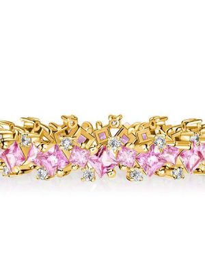 Princess Cut Pink Sapphire Eternity Band Ring - 18K Gold Plated Sterling Silver