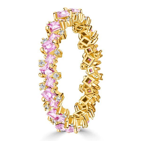 Princess Cut Pink Sapphire Eternity Band Ring - 18K Gold Plated Sterling Silver