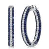 Sterling Silver Triple Row Blue & White Round Stone Hoop Earrings, Hinged Back