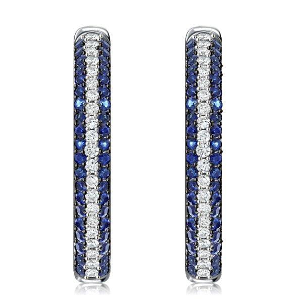 Sterling Silver Triple Row Blue & White Round Stone Hoop Earrings, Hinged Back