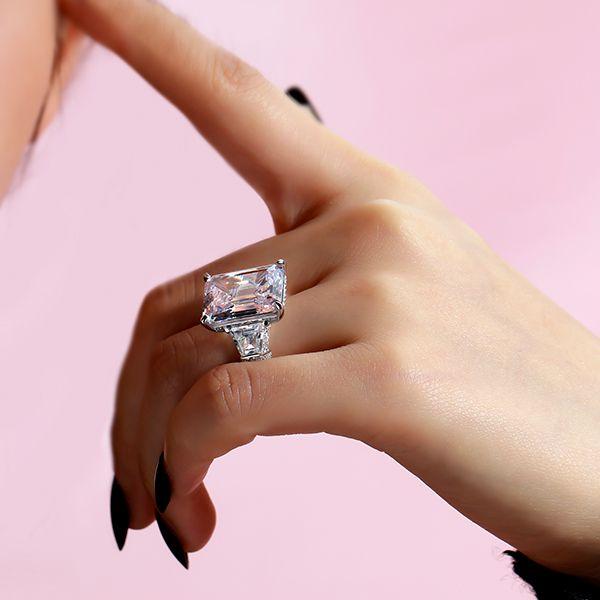 Emerald Cut Three Stone Engagement Ring - 925 Sterling Silver