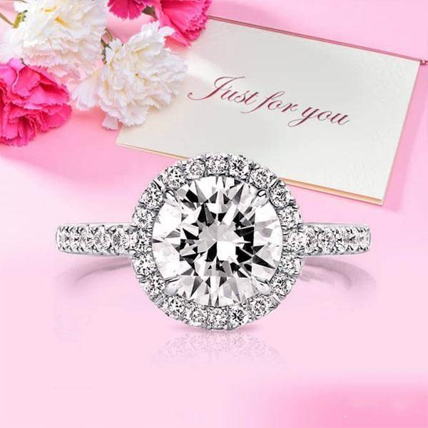 Round Halo Engagement Ring - 925 Sterling Silver, 2.75 CT Center Stone