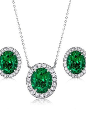 Emerald Sapphire Halo Necklace & Earrings Set | Sterling Silver | 2.81 CT. TW.