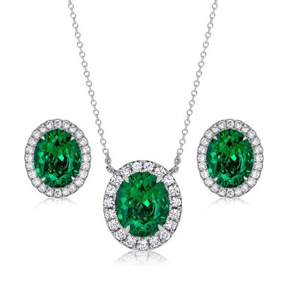 Emerald Sapphire Halo Necklace & Earrings Set | Sterling Silver | 2.81 CT. TW.