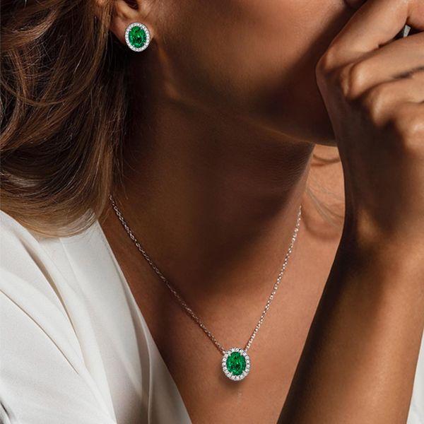 Emerald Sapphire Halo Necklace & Earrings Set | Sterling Silver | 2.81 CT. TW.