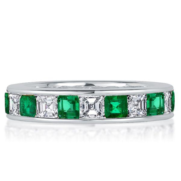 Emerald Green Asscher Cut Eternity Ring - Sterling Silver Band