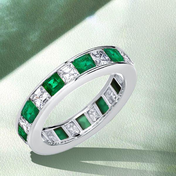 Emerald Green Asscher Cut Eternity Ring - Sterling Silver Band