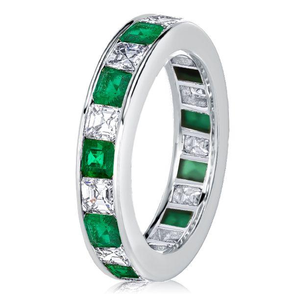 Emerald Green Asscher Cut Eternity Ring - Sterling Silver Band