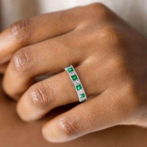 Emerald Green Asscher Cut Eternity Ring - Sterling Silver Band