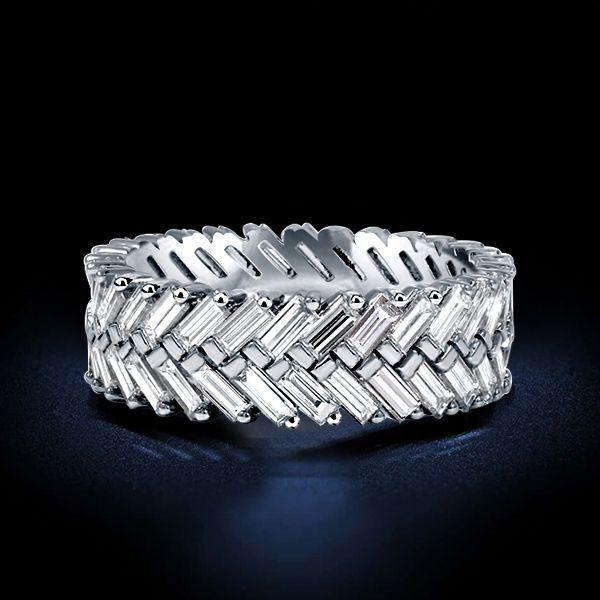 Baguette Cut Eternity Band - Double Row White Sapphire Wedding Ring - Sterling Silver