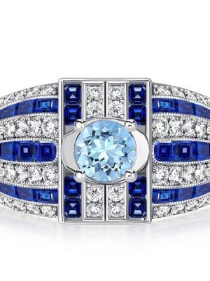 Art Deco Aquamarine Cocktail Ring in Rhodium-Plated Sterling Silver